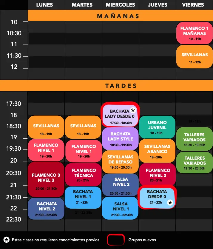Horario de clases BienBailao